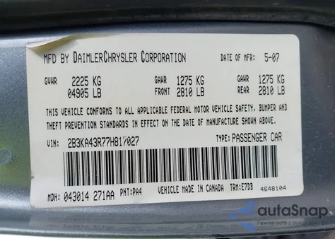 2007 Dodge Charger z USA, uszkodzony, nr VIN 2B3KA43R77H817027